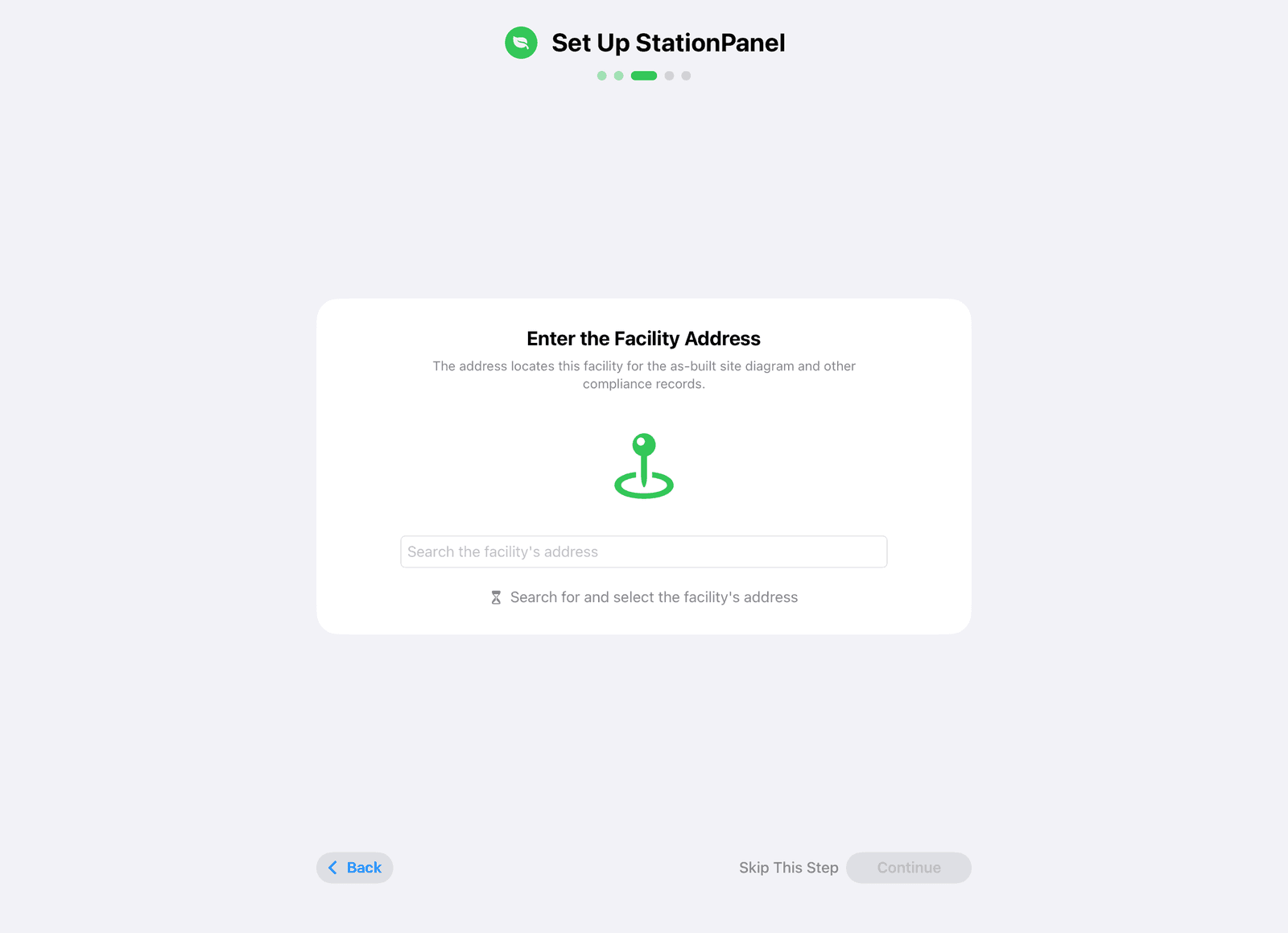 Setup step three on the iPad: “Enter the Facility Address”, with a search field.