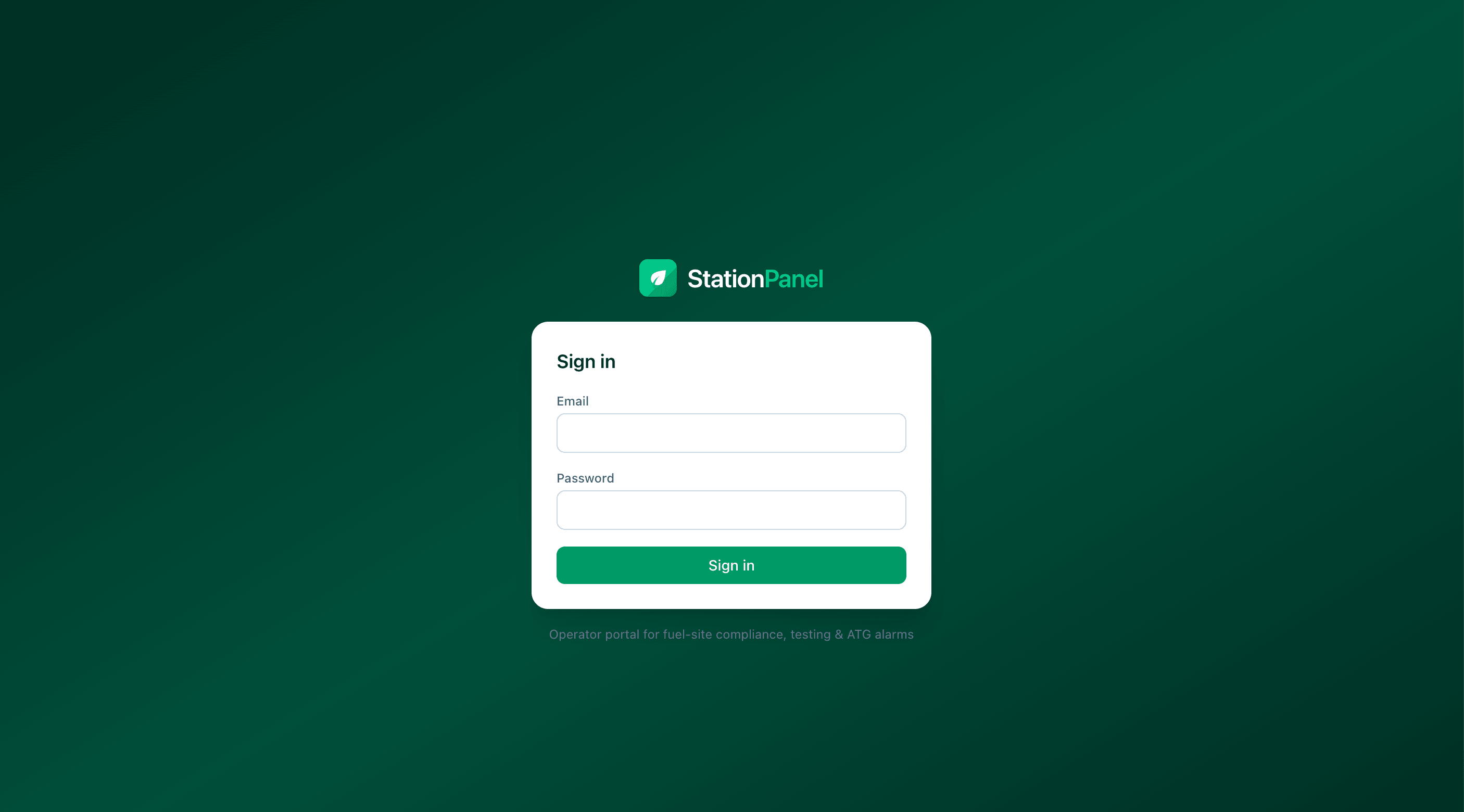 The Station Panel sign-in screen: email, password, and the line “Operator portal for fuel-site compliance, testing & ATG alarms.”